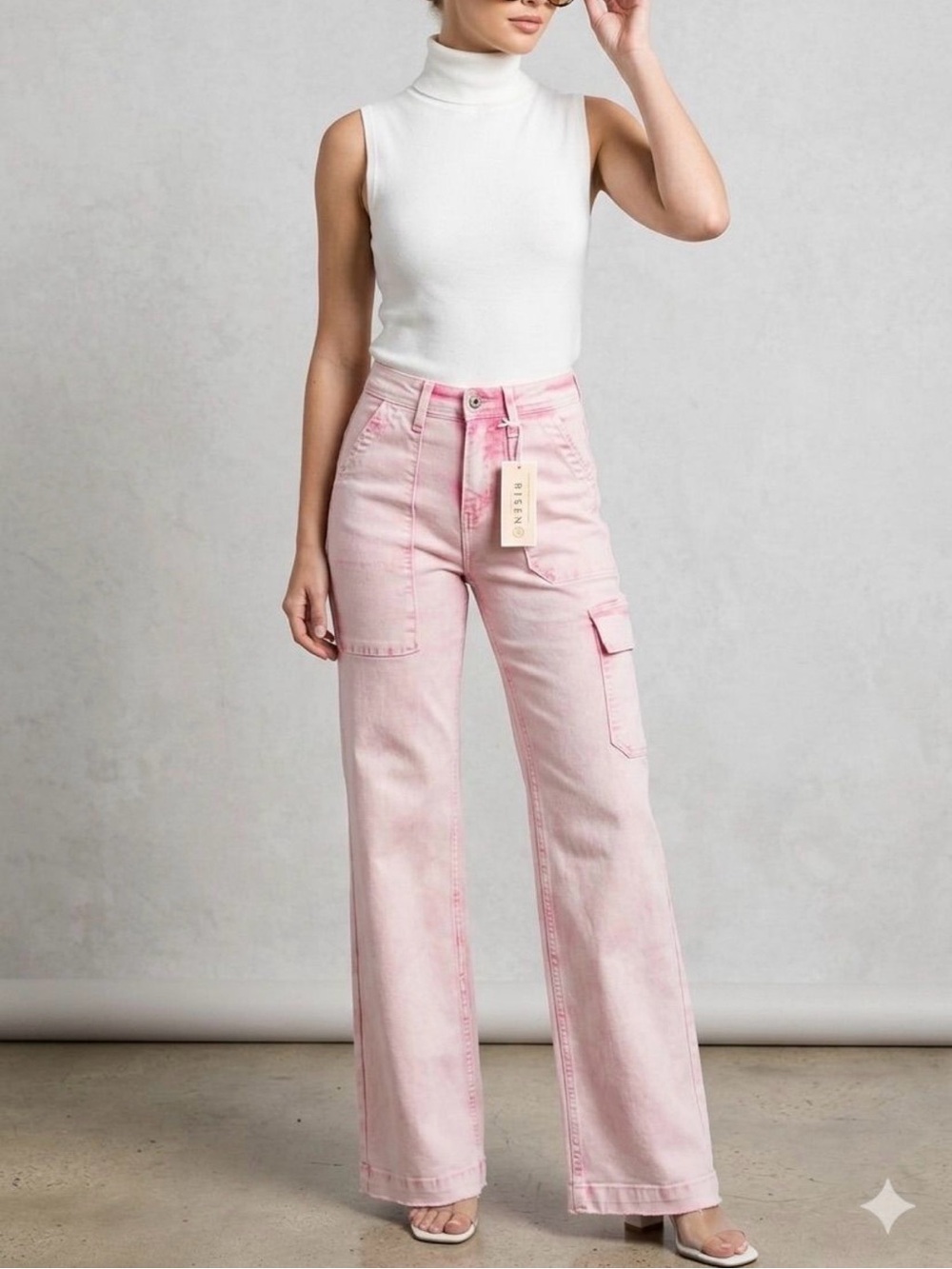 Risen High-Rise Pink Wide-Leg Cargo Jeans